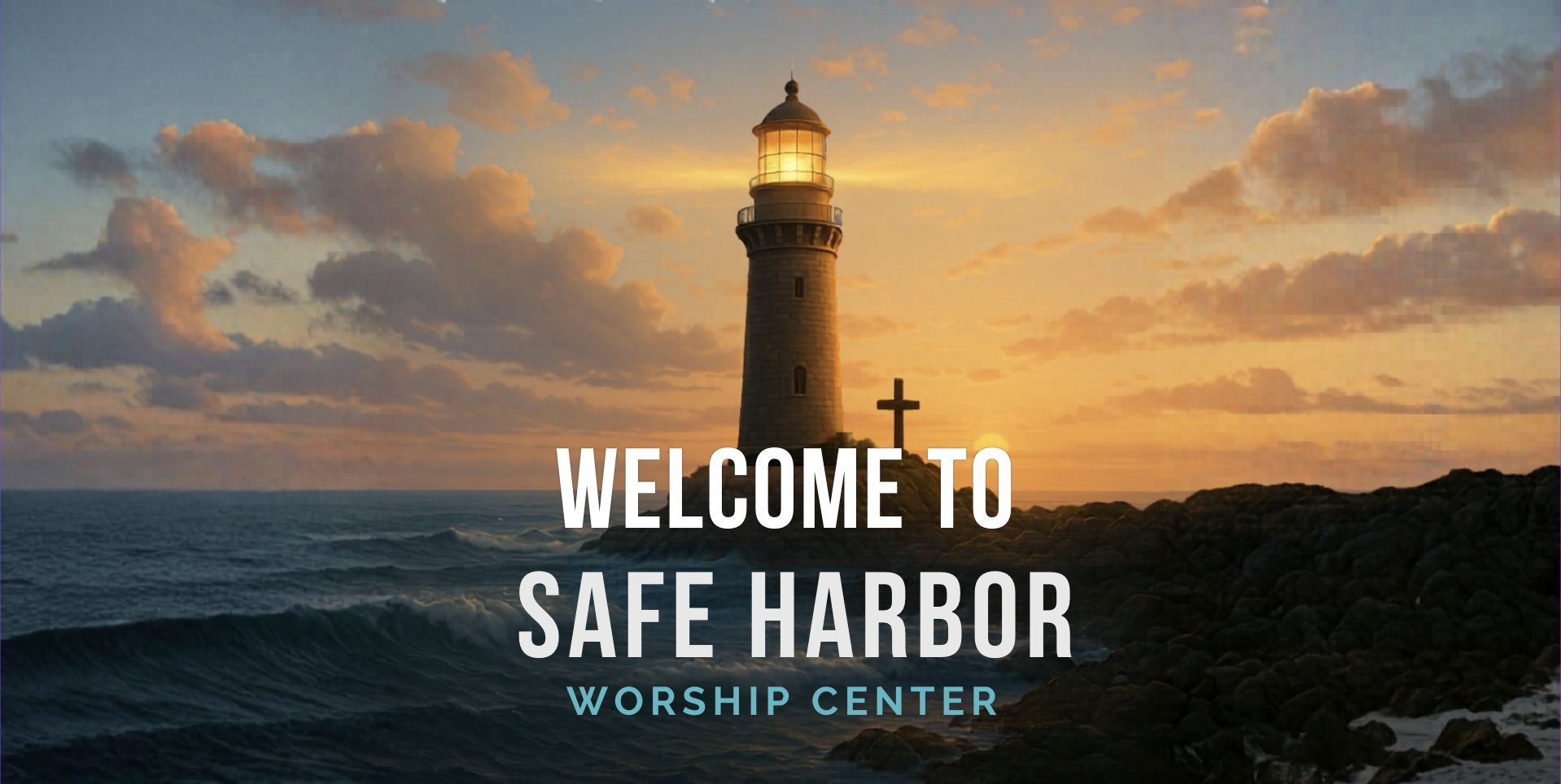 Stunning modern 'SUNDAY SERVICE' banner with large gold text, a joyful worship leader, set against gothic cathedral arches and a vibrant crowd. 'LIVE on ALL Platforms' text is at the bottom.